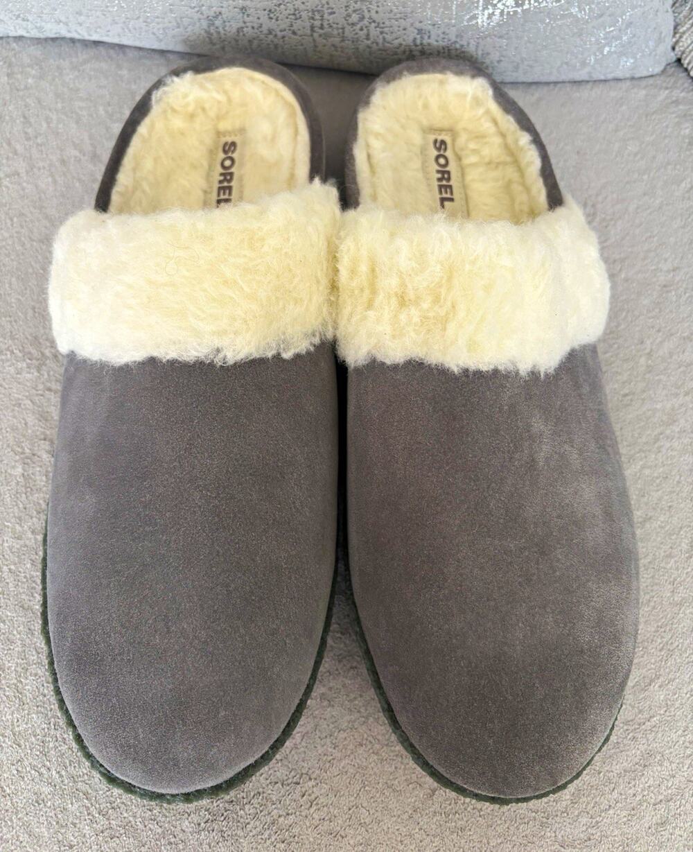 Sorel Nakiska Scuff Mule Slippers Women’s US 12 Gray Suede Faux Fur Lined